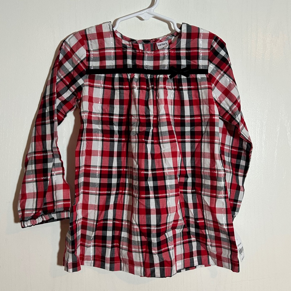 Carters Girls Plaid Long Sleeve Top Dress Metallic Black‎ Red White 4T